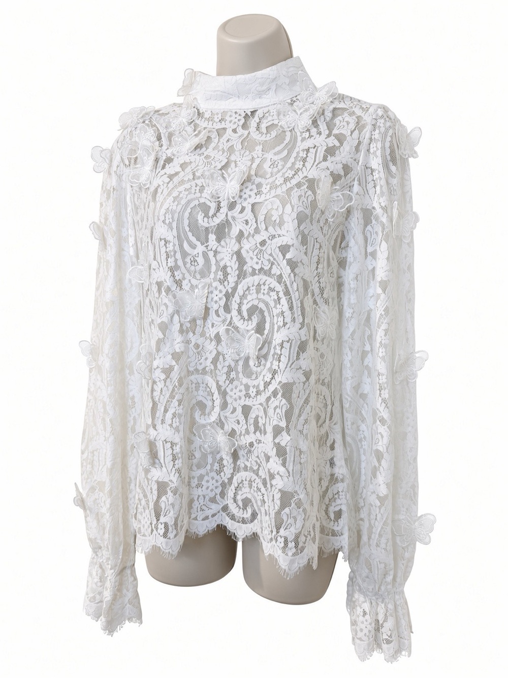 INA White Lace High Neck Blouse 3D Butterflies Size L Back Zipper